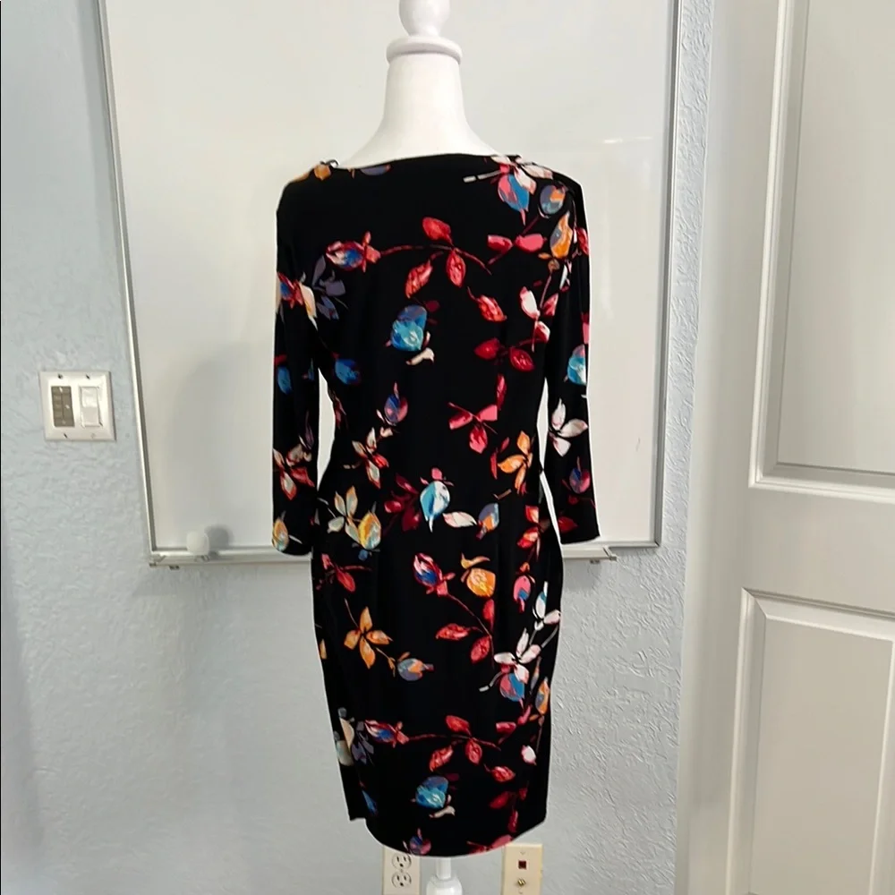 Jennifer Lopez Floral V-Neck Faux Wrap Dress - Black Multicolor